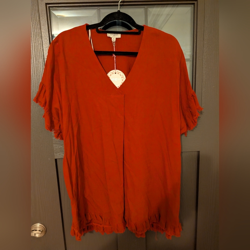 Umgee Red V-Neck Blouse with Ruffle Details